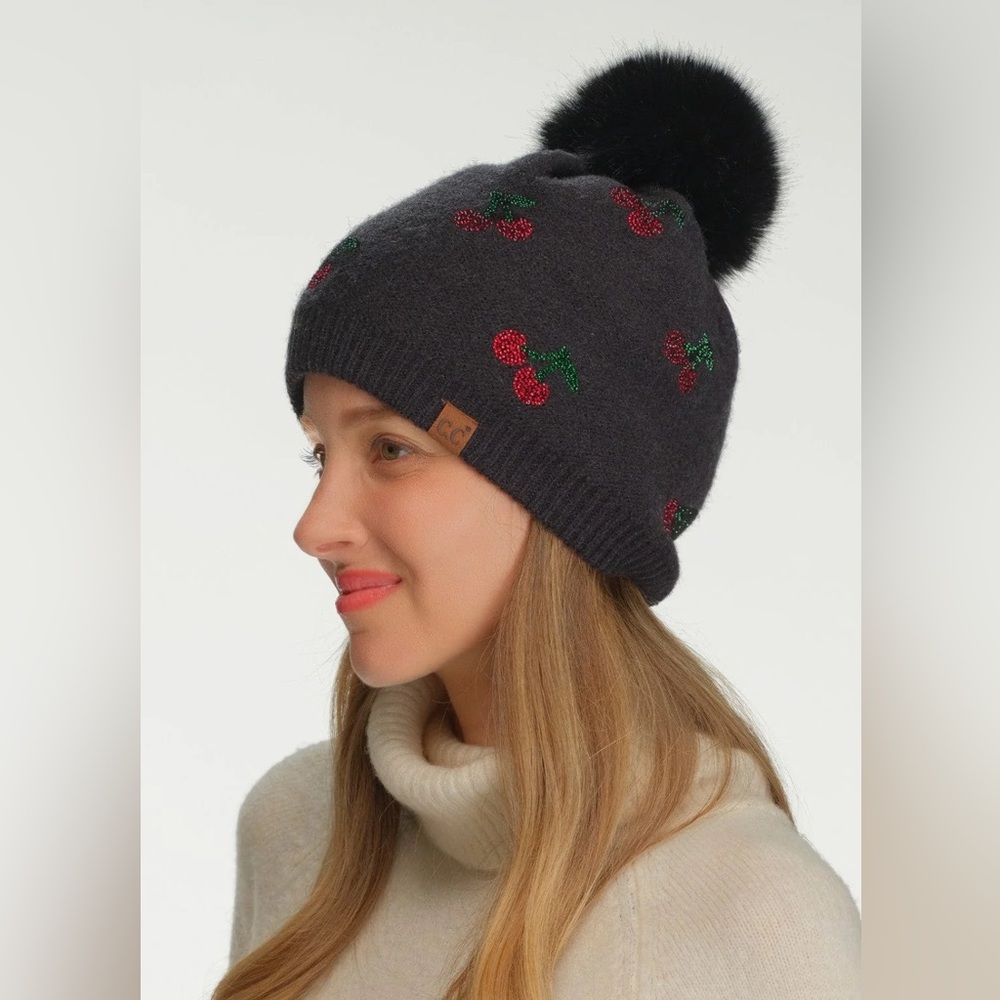 Cherry Embroidered Black Beanie